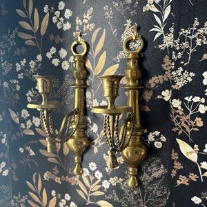 Vintage Ornate Pair of Brass Candle Holder Wall Sconces with Tassels